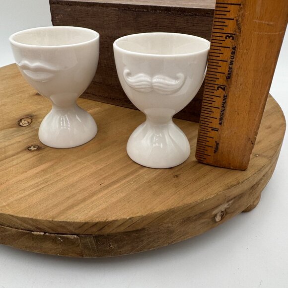 Jonathan Adler Mr. & Mrs. Muse Egg O Cups Whimsical fun white mustache lips uniq - Picture 4 of 5